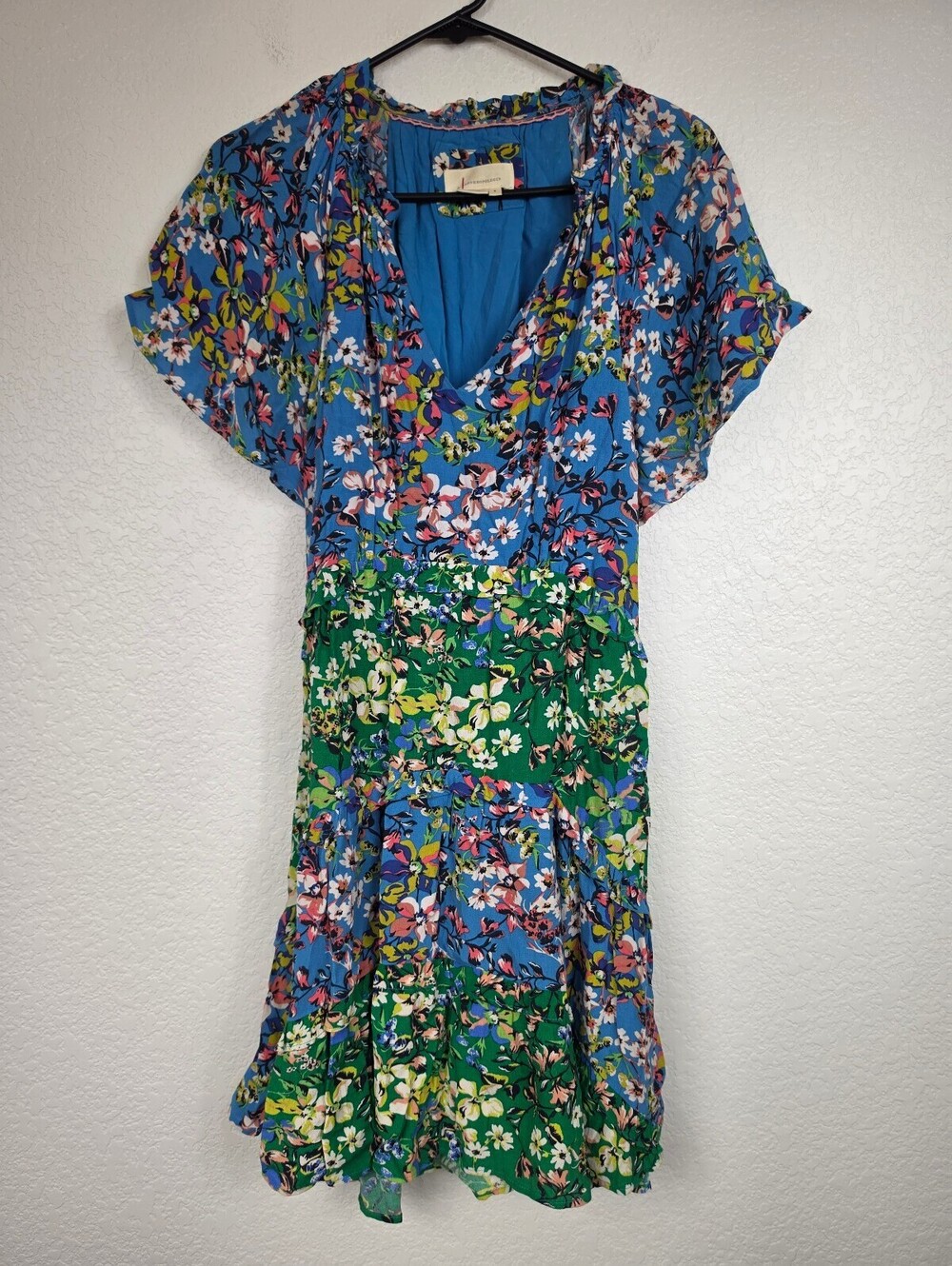 Anthropologie Blue Floral V-Neck Dress Small